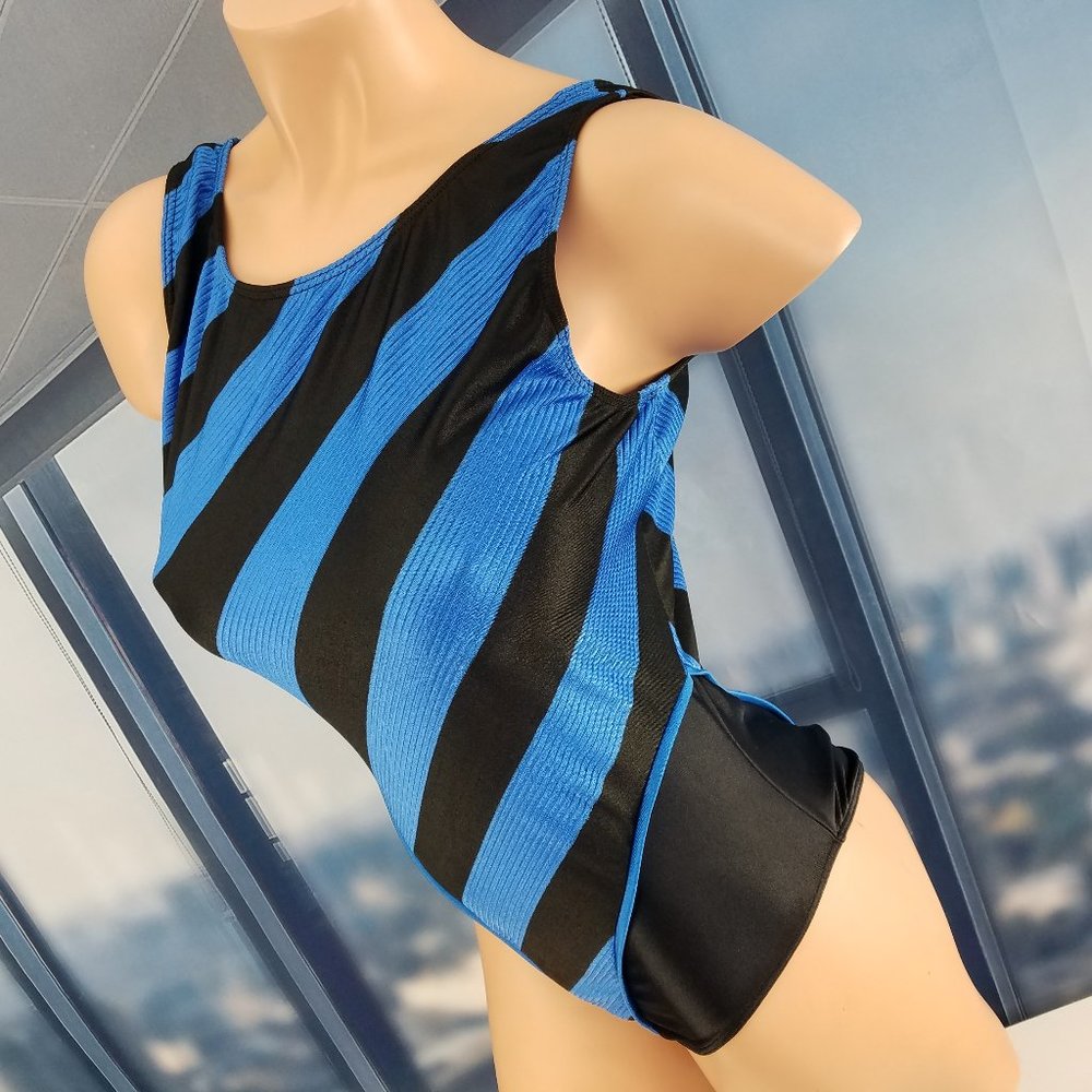 RAINBEAU Leotard Vintage Dance Blue High Cut Spandex Bodysuit Adult Medium